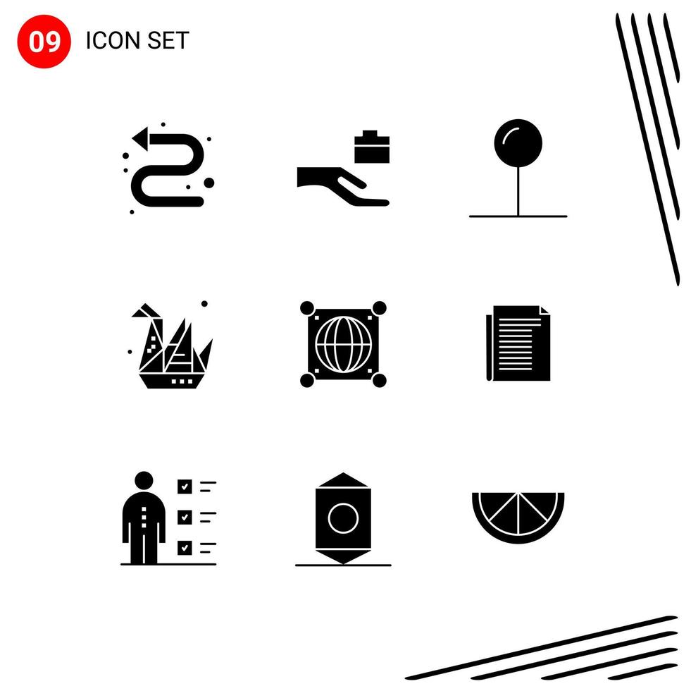 Universal Icon Symbols Group of 9 Modern Solid Glyphs of scince global pin globe origami Editable Vector Design Elements