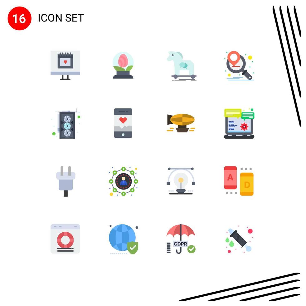 Set of 16 Modern UI Icons Symbols Signs for graphic card marketing strategy cybercrime marketing planning virus Editable Pack of Creative Vector Design Elements