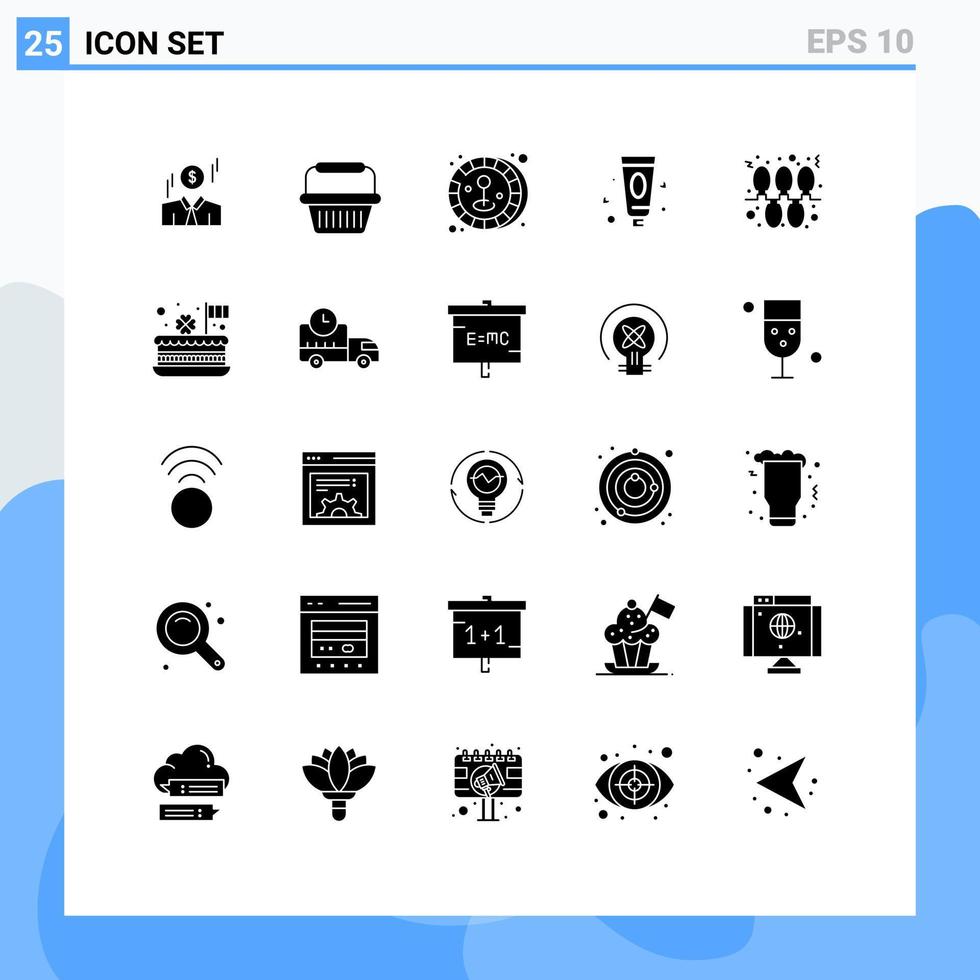 Pack of 25 Modern Solid Glyphs Signs and Symbols for Web Print Media such as holidays christmas coin lights lotion Editable Vector Design Elements