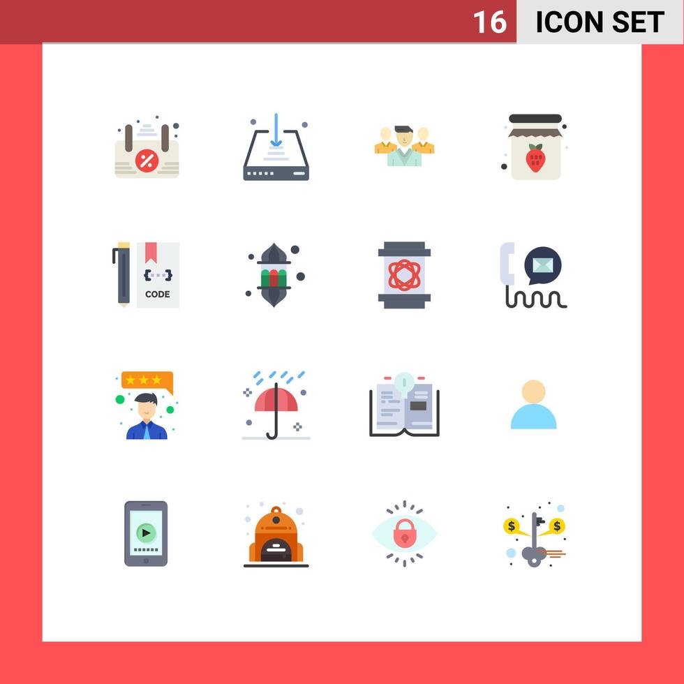 16 User Interface Flat Color Pack of modern Signs and Symbols of develop code security breakfast jar Editable Pack of Creative Vector Design Elements