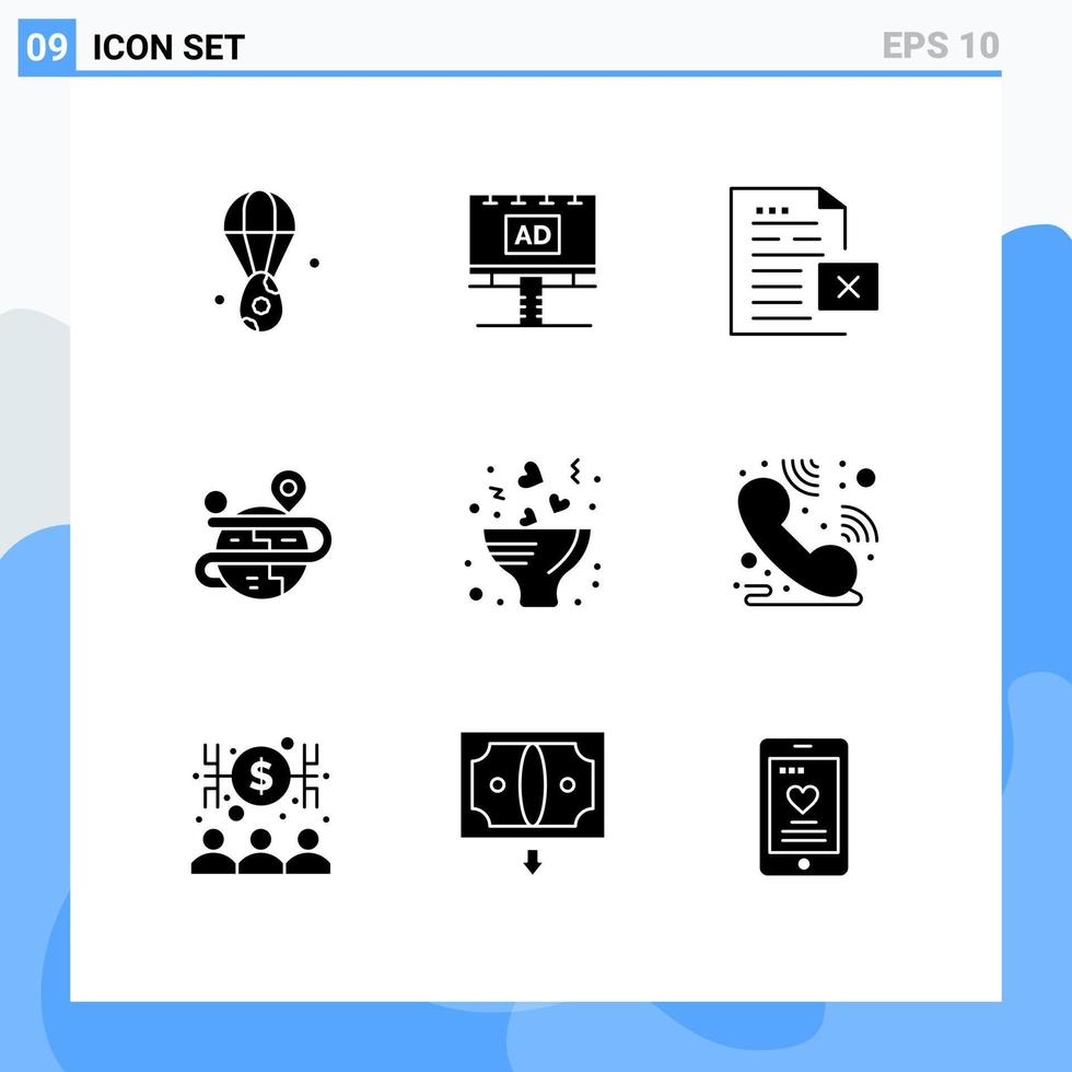 Pack of 9 creative Solid Glyphs of map process advertisment creative file Editable Vector Design Elements