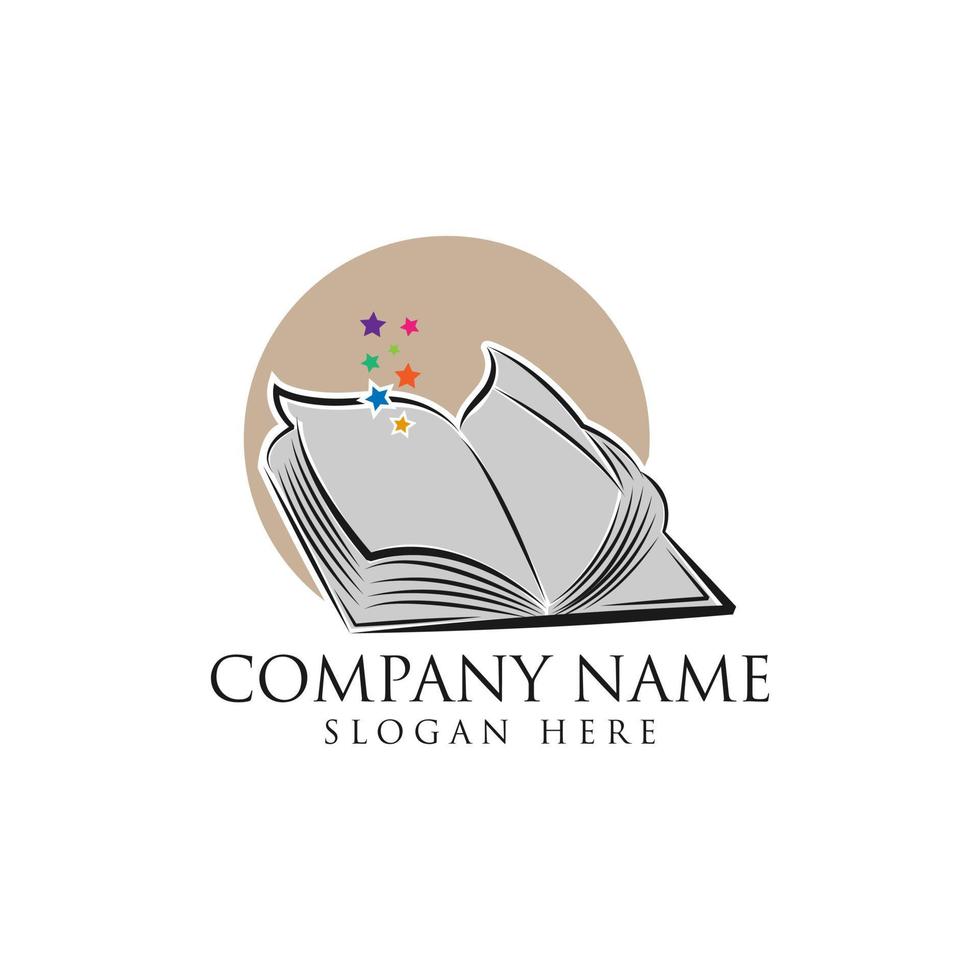 Open book with thick book cover and black soft stars flying out. Isolated on white background. Flat icon. Vector illustration. Magic reading logo. Fairytale pictogram. Power of knowledge sign.