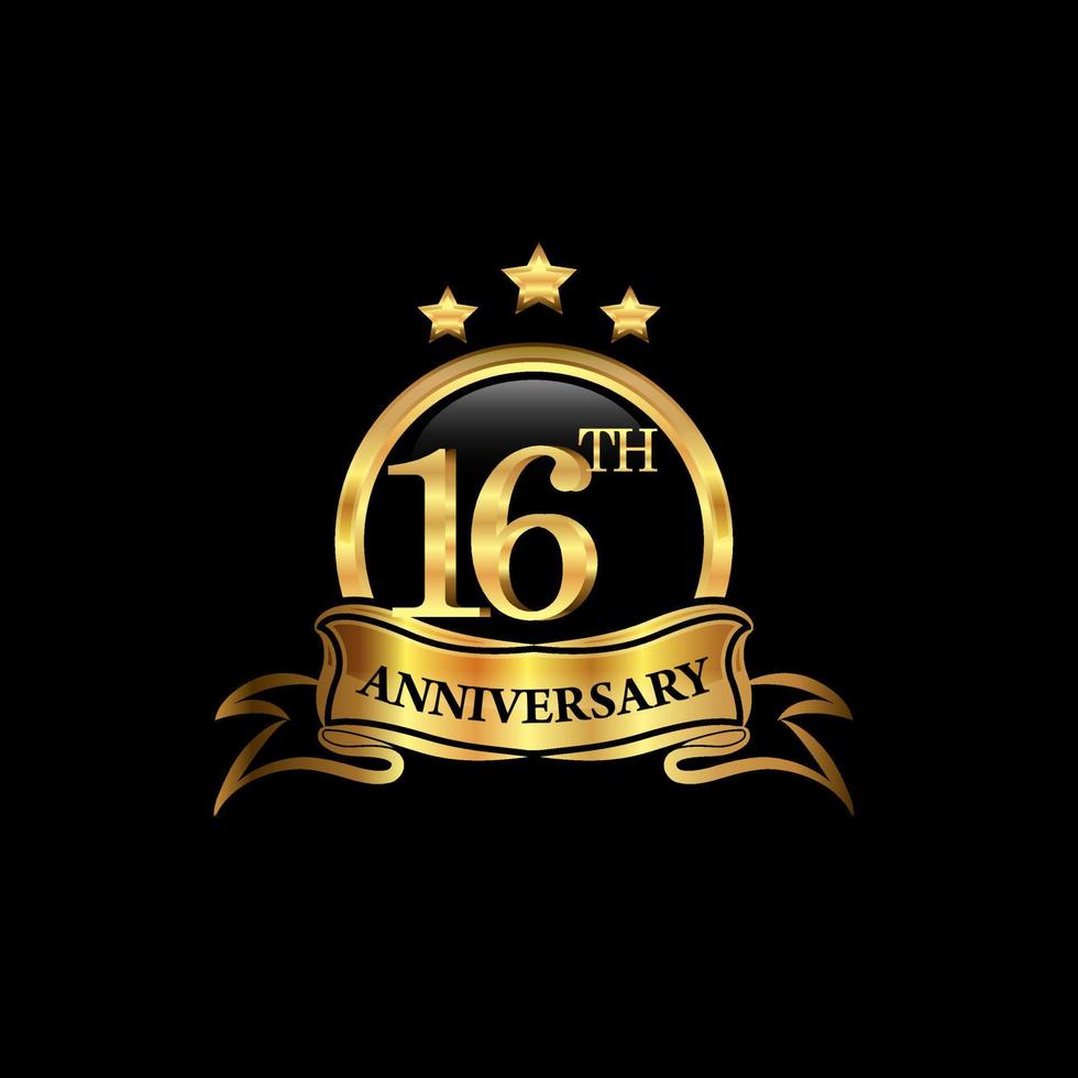 16 year anniversary celebration. Anniversary classic elegance golden color isolated on black background, vector design for celebration, invitation card, and greeting card