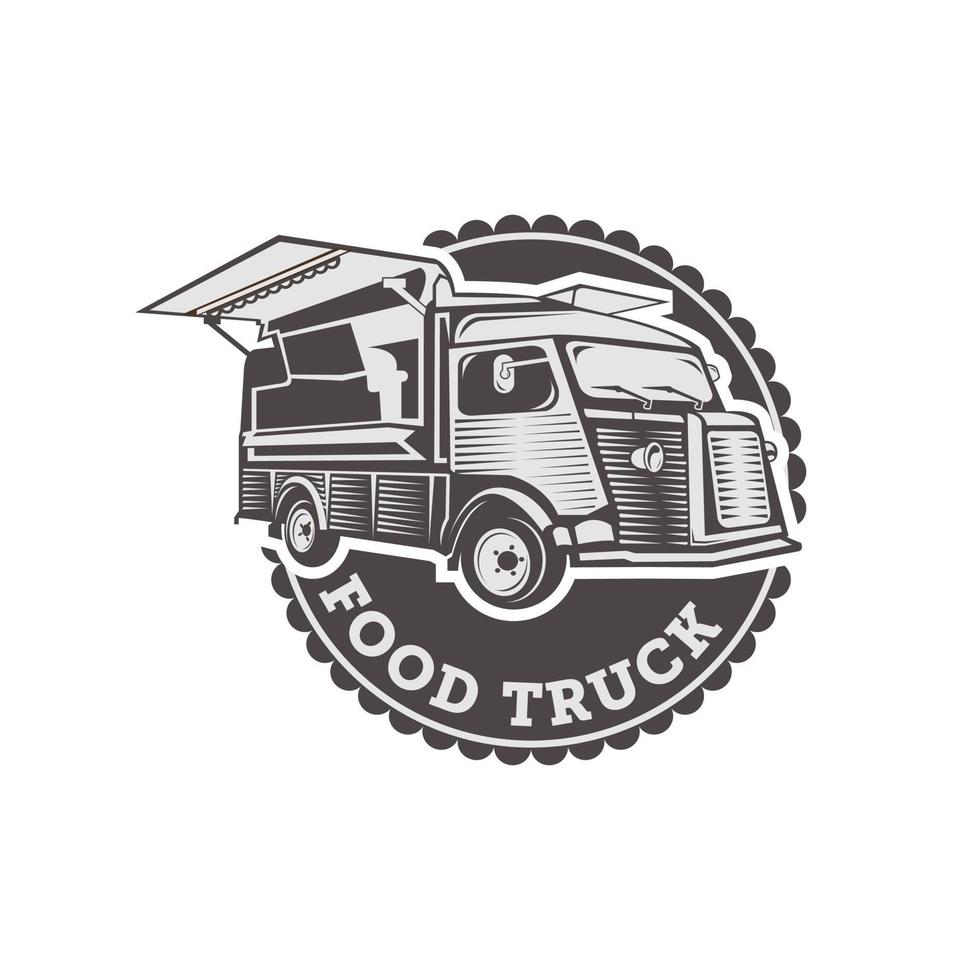 Food truck logo template. Street food wagon vector design. Retro food truck logotype