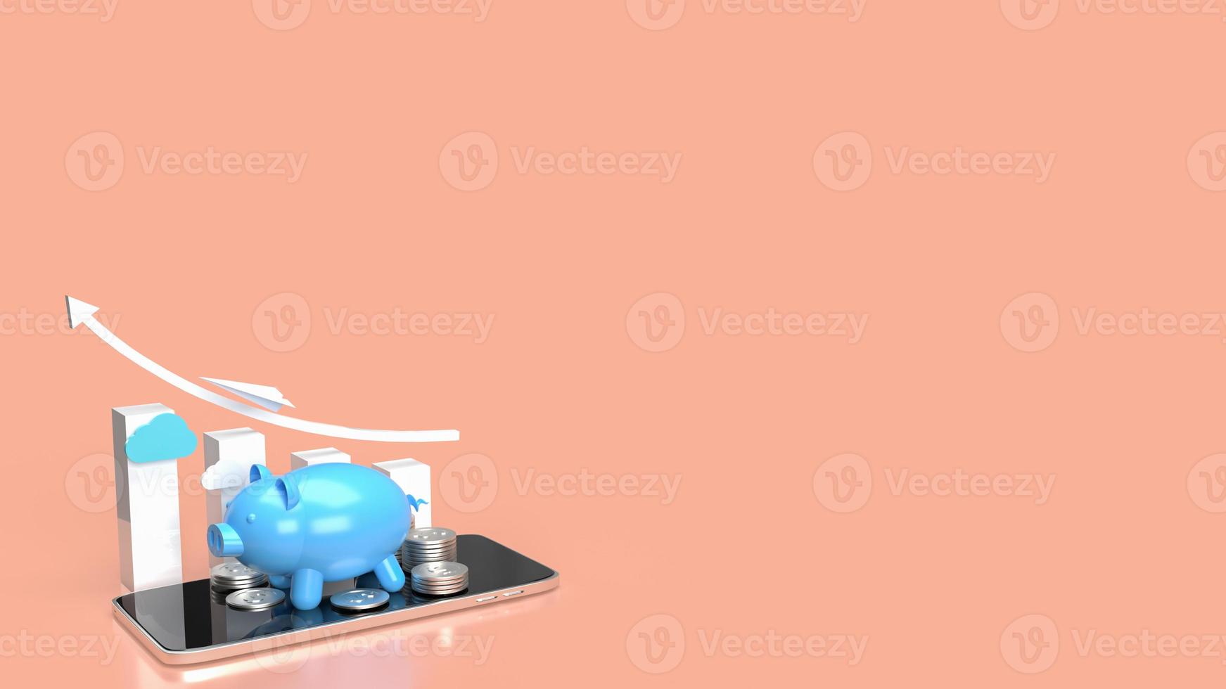 The blue piggy bank on mobile phone and business chart for applications or internet banking concept 3d rendering photo