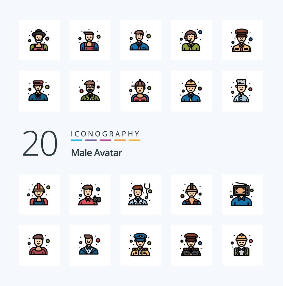 Paquete de iconos de color relleno de línea de avatar de 20 hombres como creador de trabajadores de retratos de contenido digital vector