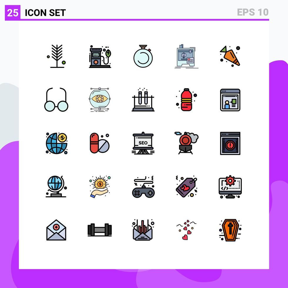 paquete de 25 modernos signos y símbolos de colores planos de línea rellena para medios de impresión web como impresora dimensional bomba reloj cronómetro elementos de diseño de vectores editables