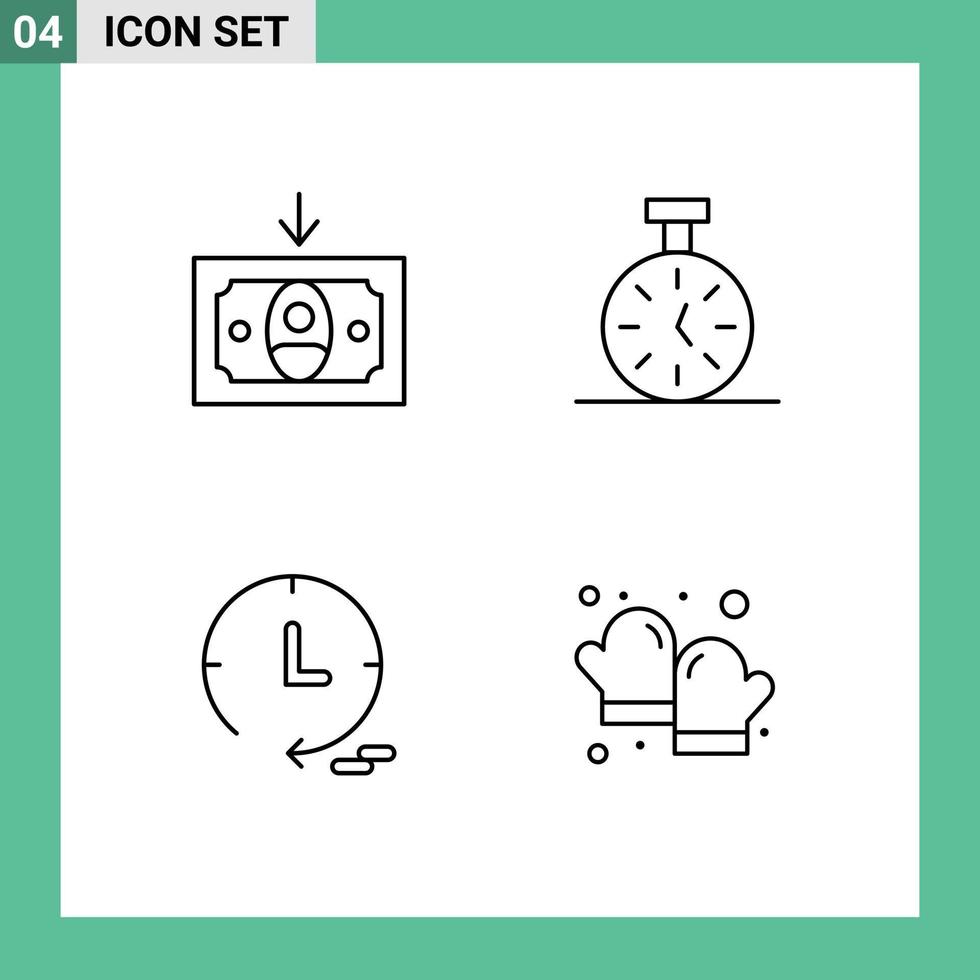 Modern Set of 4 Filledline Flat Colors Pictograph of cash watch stopwatch count baking Editable Vector Design Elements