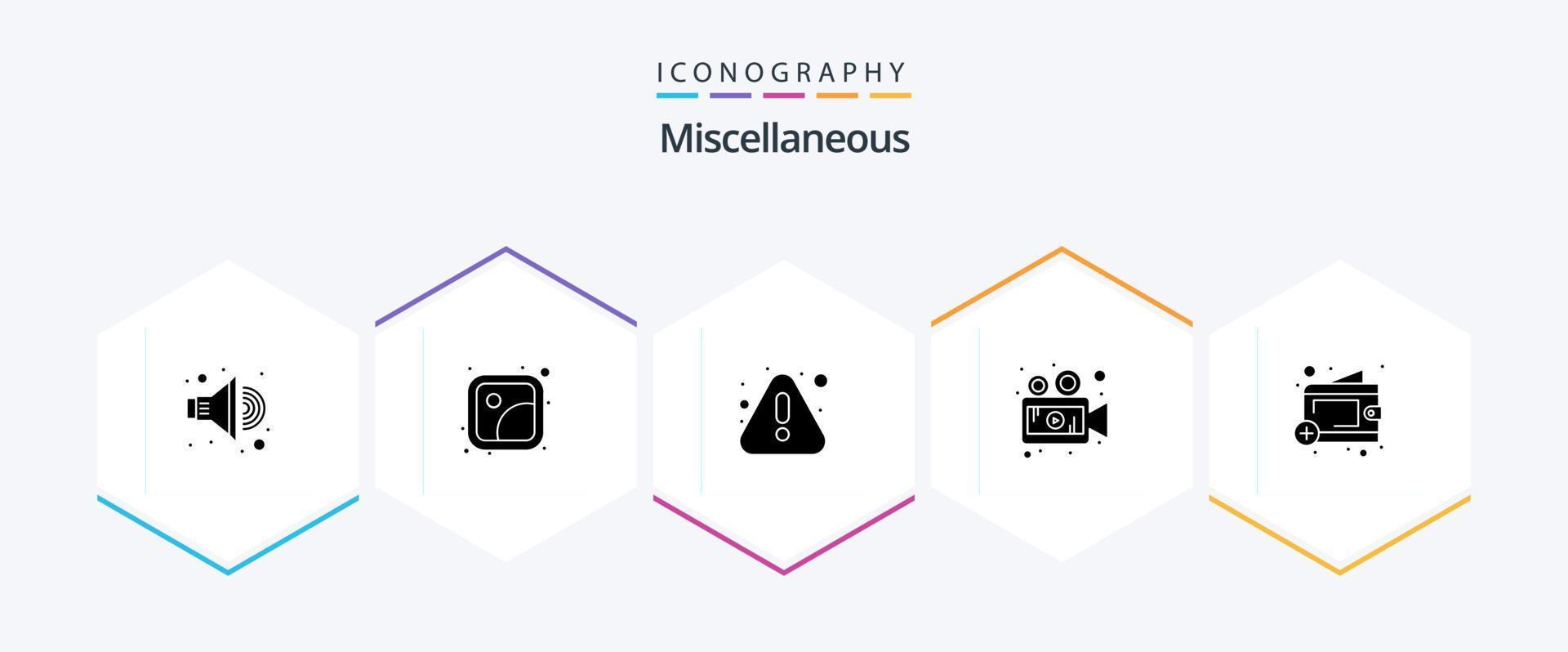 Miscellaneous 25 Glyph icon pack including wallet. video. error. video. camera vector