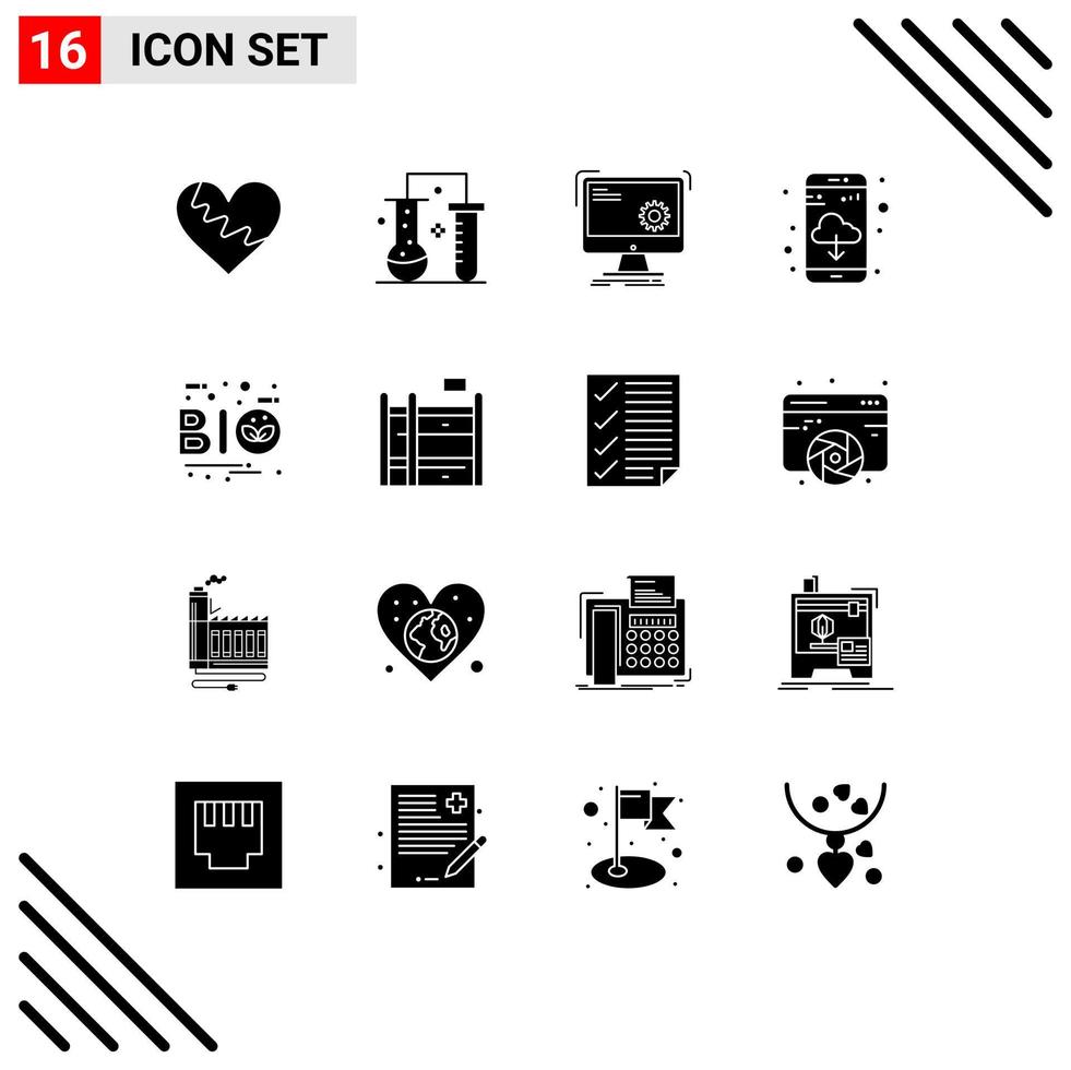 16 Universal Solid Glyphs Set for Web and Mobile Applications cloud app science of matter progress function Editable Vector Design Elements