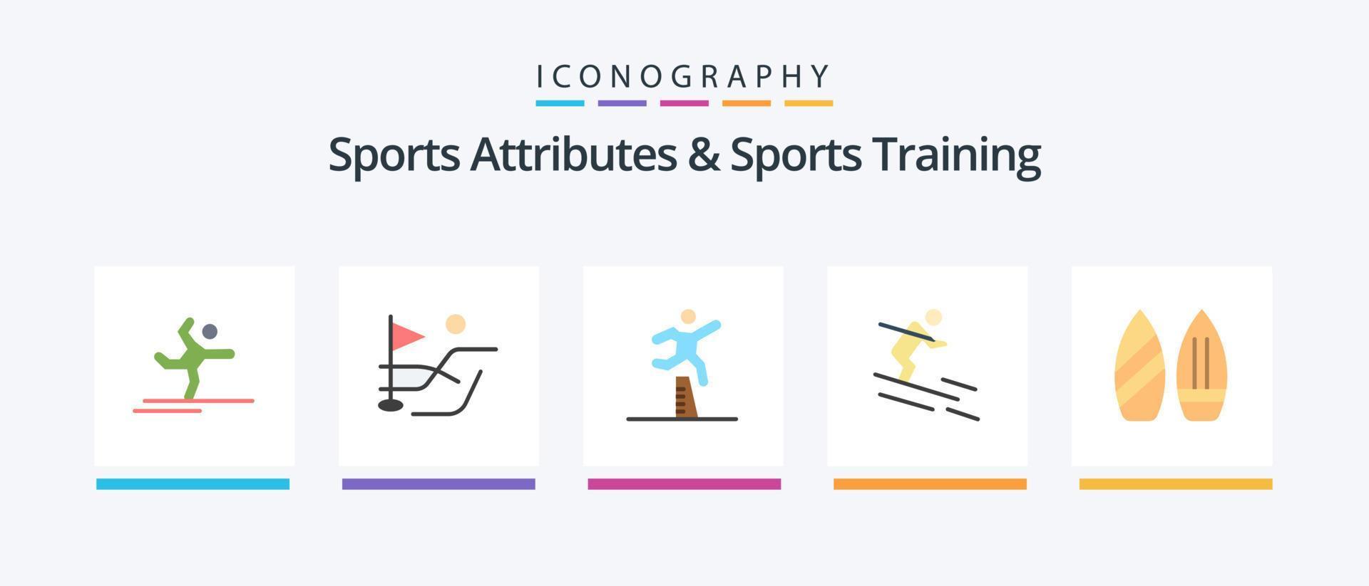Atributos deportivos y paquete de íconos planos de entrenamiento deportivo 5 que incluye snowboard. deportista. saltando esquiar. actividad. diseño de iconos creativos vector