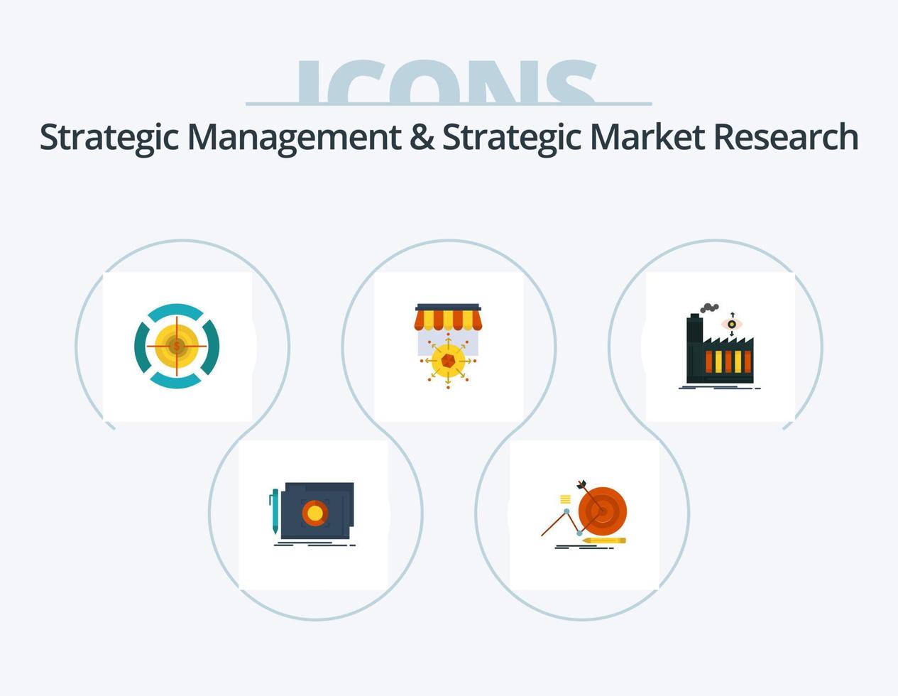 Strategic Management And Strategic Market Research Flat Icon Pack 5 Icon Design. factory. business. dart. goal. shop vector