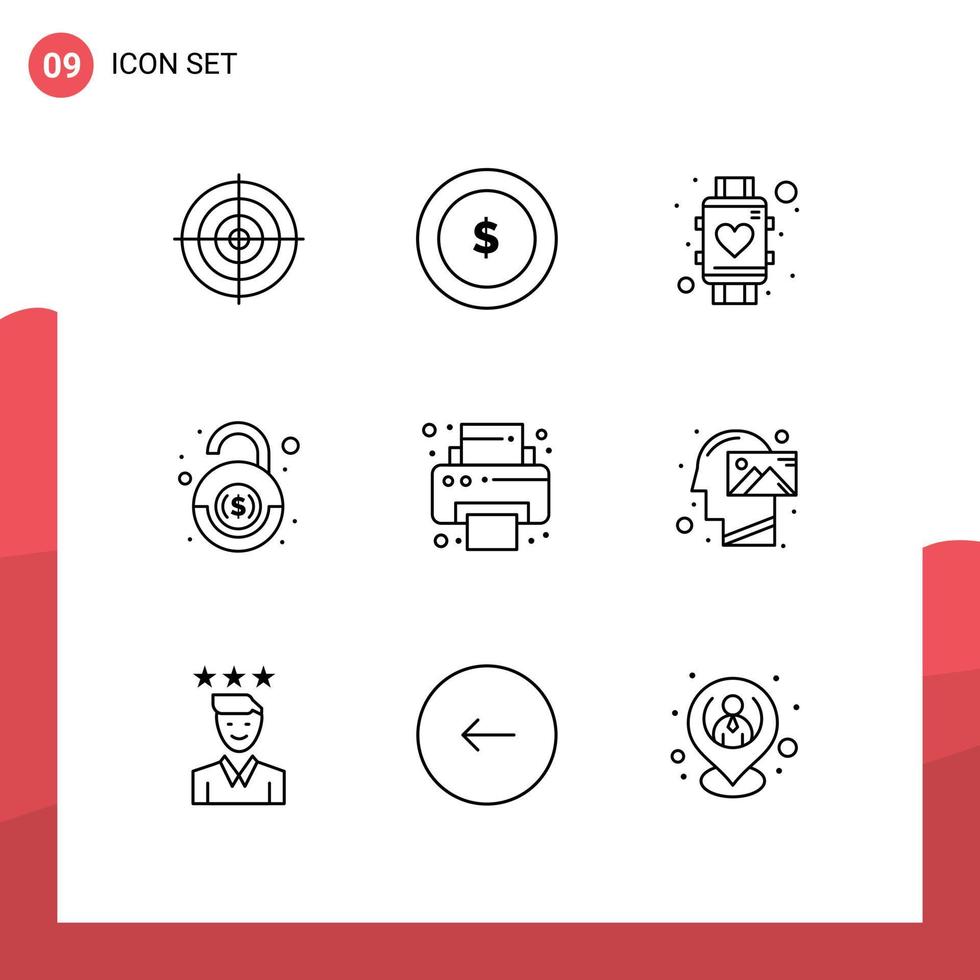 paquete de 9 signos y símbolos de contornos modernos para medios de impresión web, como elementos de diseño de vectores editables de reloj financiero de corazón de robo de oficina