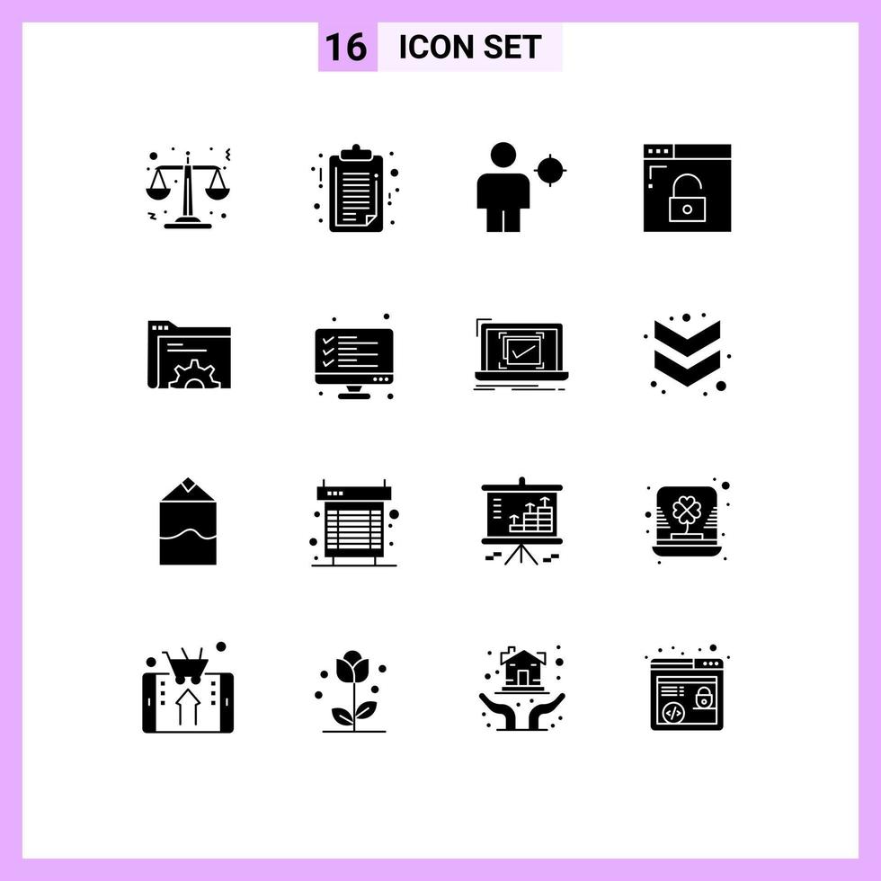 Set of 16 Commercial Solid Glyphs pack for data secure body privacy browser Editable Vector Design Elements