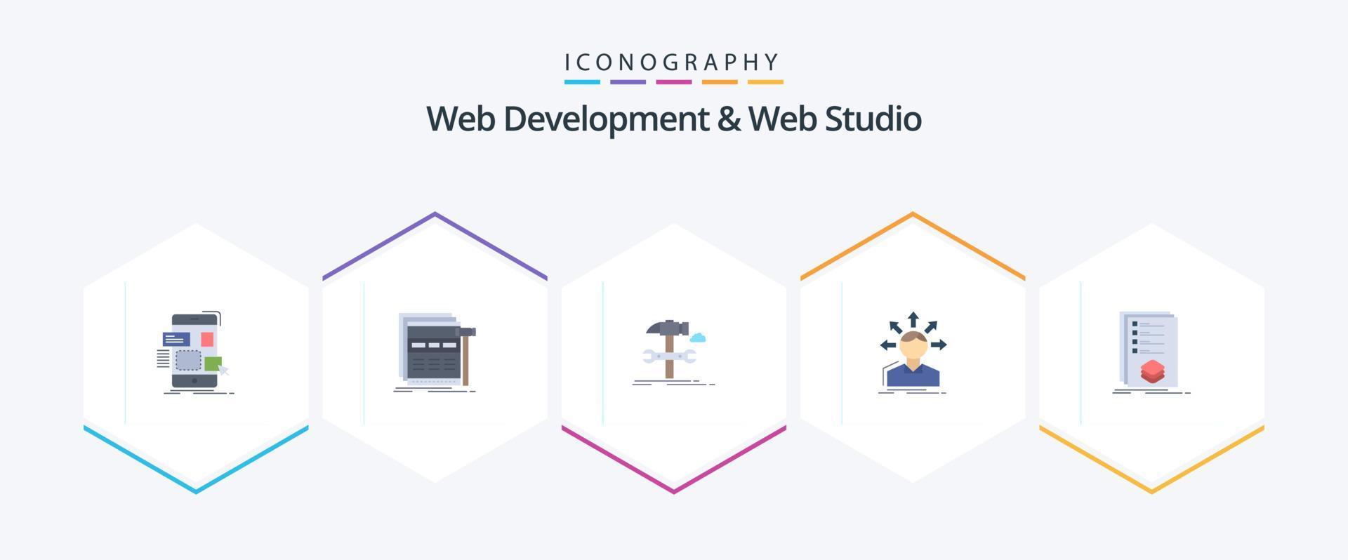 Web Development And Web Studio 25 Flat icon pack including options. conversion. webpage. service. hammer vector