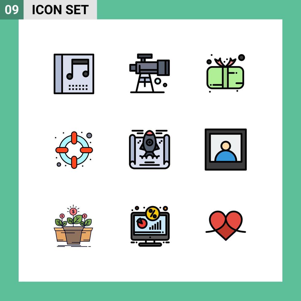grupo de 9 colores planos de línea de relleno modernos establecidos para el logro de cohetes ayuda para bebés elementos de diseño vectorial editables vector
