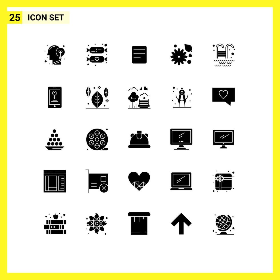 Group of 25 Modern Solid Glyphs Set for water nature sweets buttercup flower flower Editable Vector Design Elements