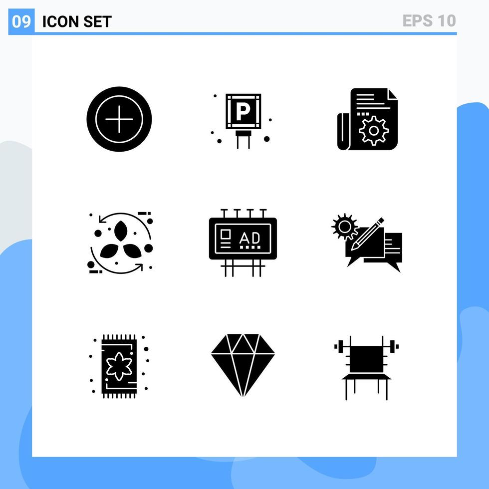 Group of 9 Modern Solid Glyphs Set for billboard advertisement recycle folder leaf cycle Editable Vector Design Elements