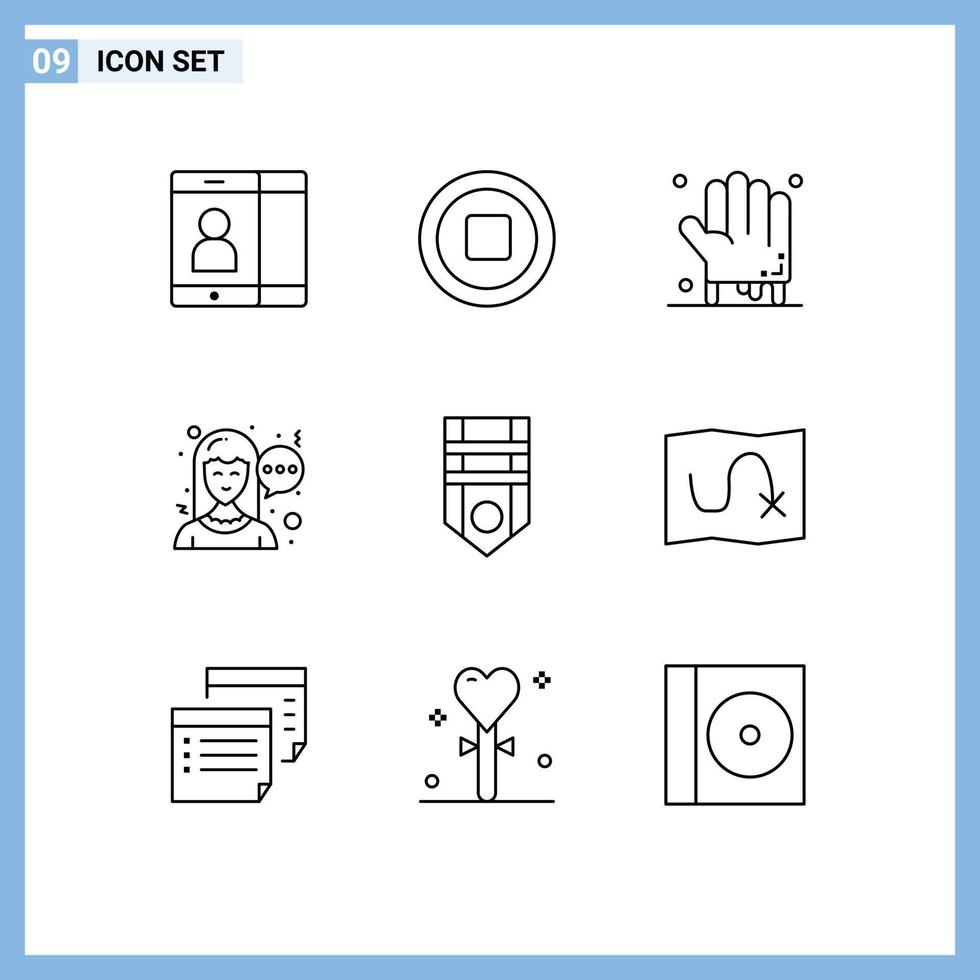 Set of 9 Vector Outlines on Grid for map rank hand military woman Editable Vector Design Elements