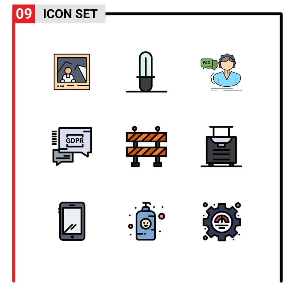 9 concepto de color plano de línea completa para sitios web móviles y aplicaciones bloqueo de equipaje asistencia chat de seguridad gdpr elementos de diseño vectorial editables vector