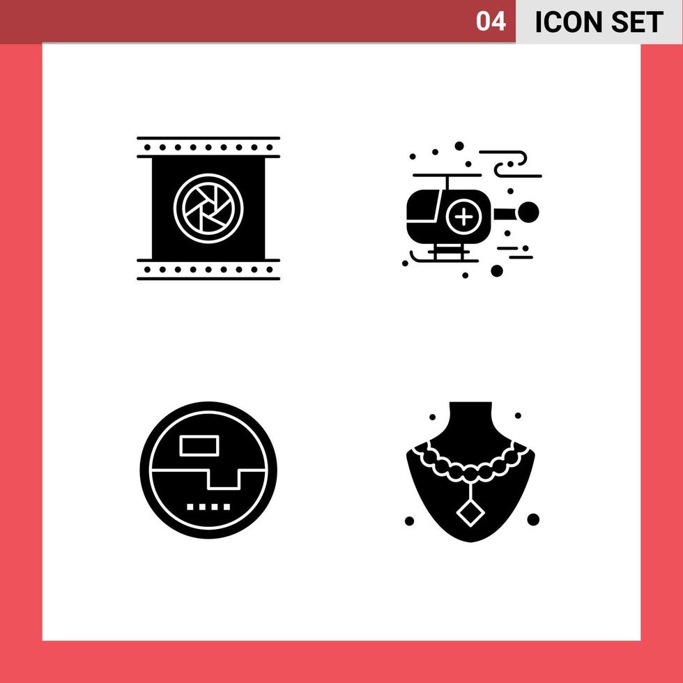 4 Universal Solid Glyphs Set for Web and Mobile Applications camera lenses electronics photographic objective helicopter measuring Editable Vector Design Elements