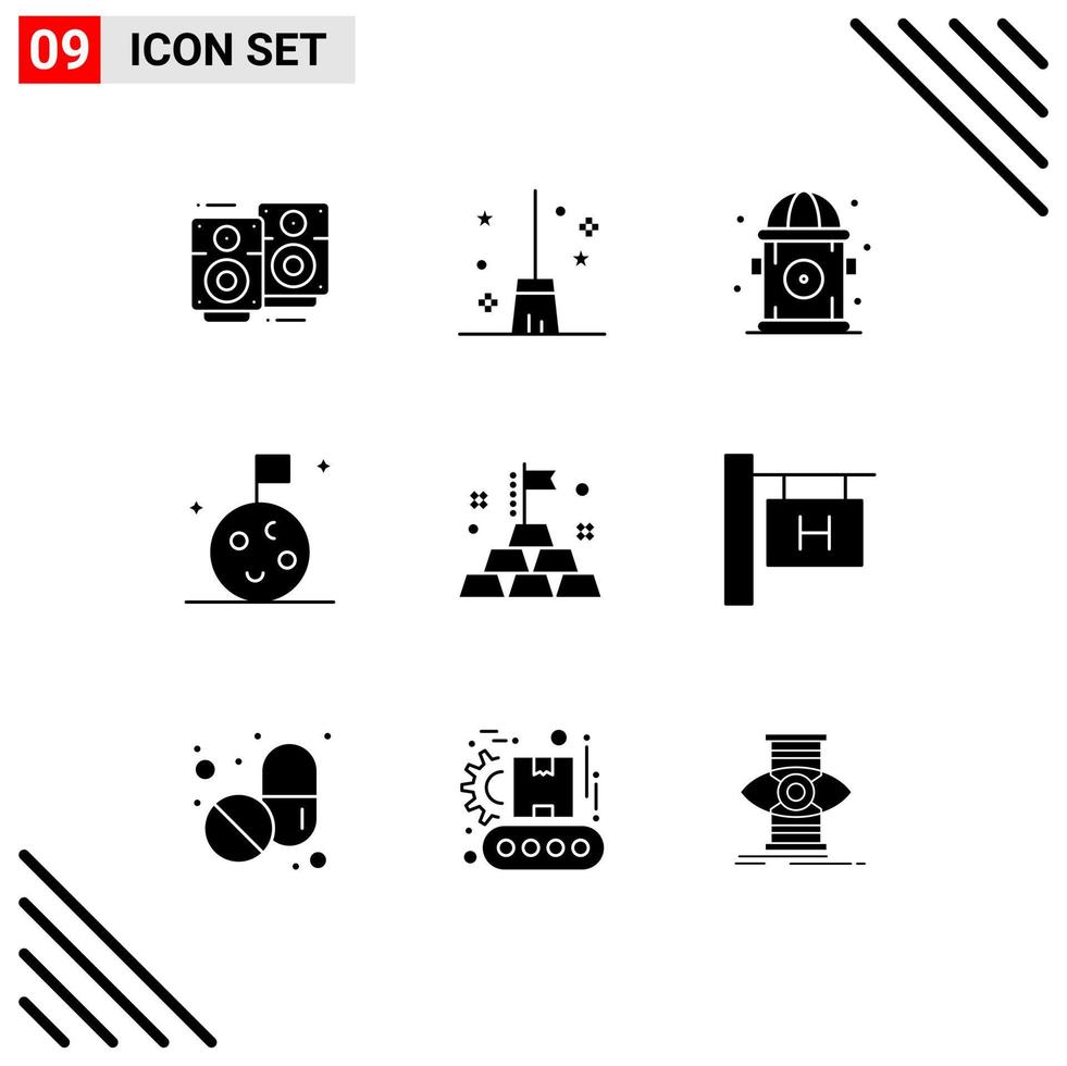 Mobile Interface Solid Glyph Set of 9 Pictograms of hotel sign investment city gold moon Editable Vector Design Elements