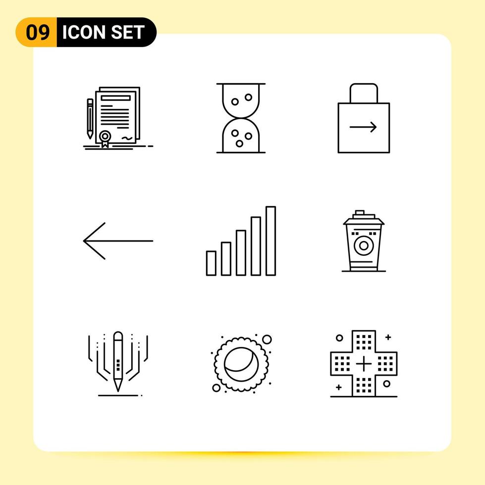 User Interface Pack of 9 Basic Outlines of mug signal lock pad phone left Editable Vector Design Elements