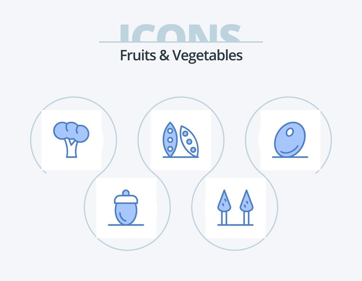 diseño de iconos de paquete de 5 iconos azules de frutas y verduras. aceituna. orgánico. gastronomía. salud alimentaria. cocinando vector