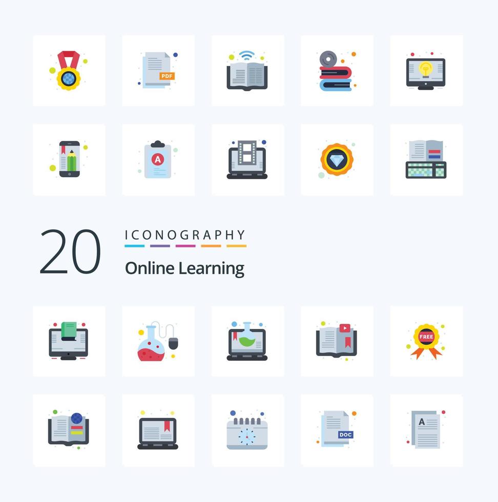 20 OnFlat Color Learning Flat Color icon Pack like free study lab test online book vector