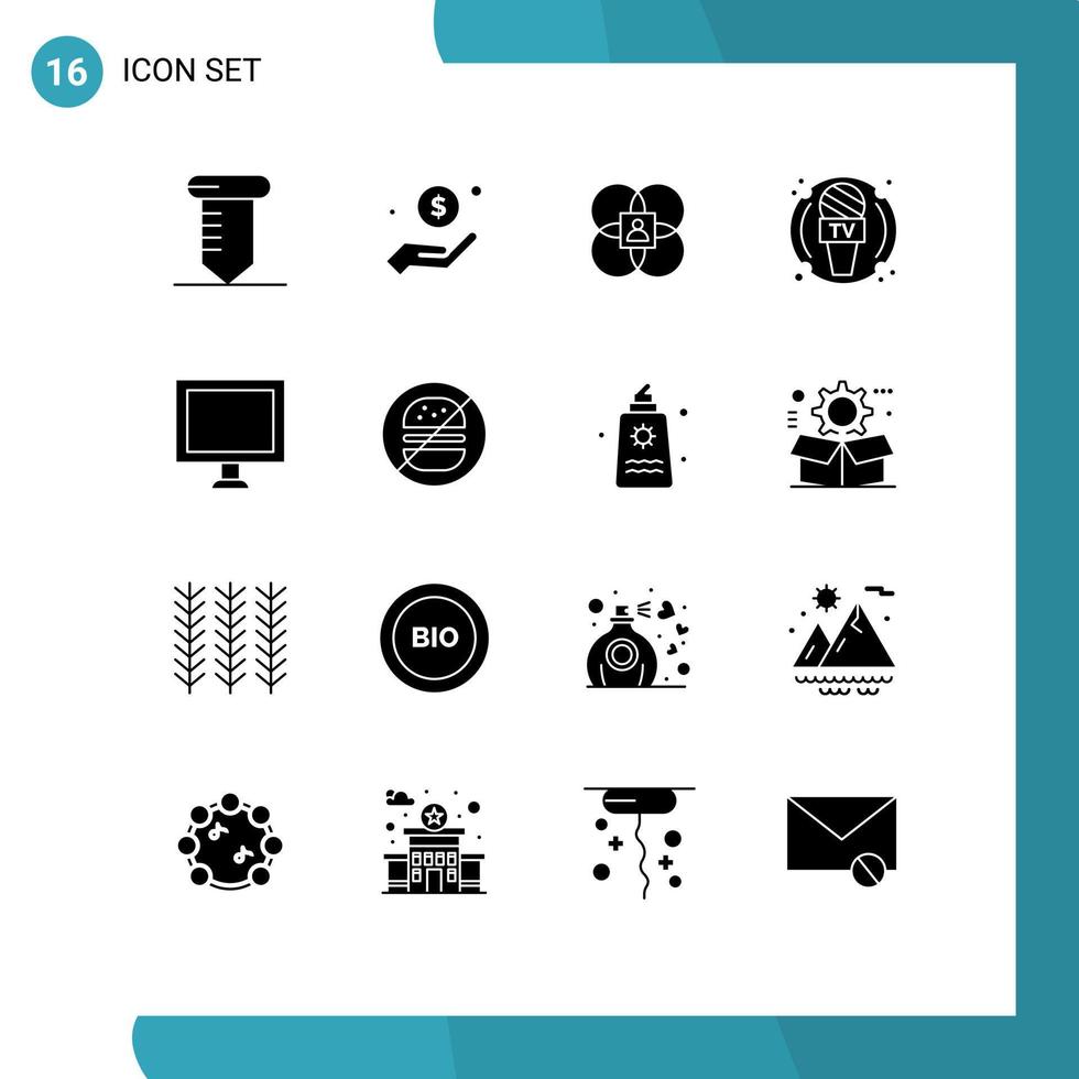 Solid Glyph Pack of 16 Universal Symbols of computer microphone character journalist person Editable Vector Design Elements