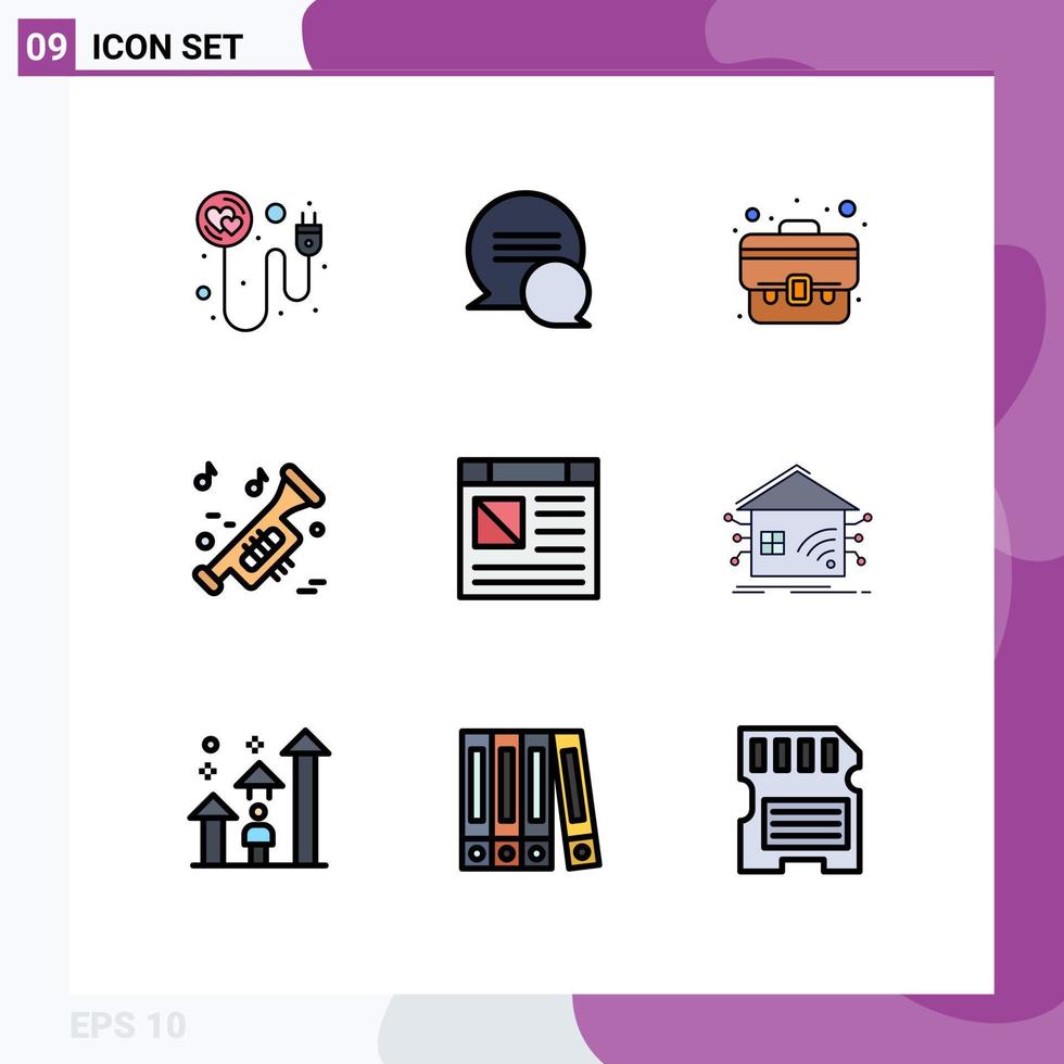 Set of 9 Vector Filledline Flat Colors on Grid for page app case university music Editable Vector Design Elements