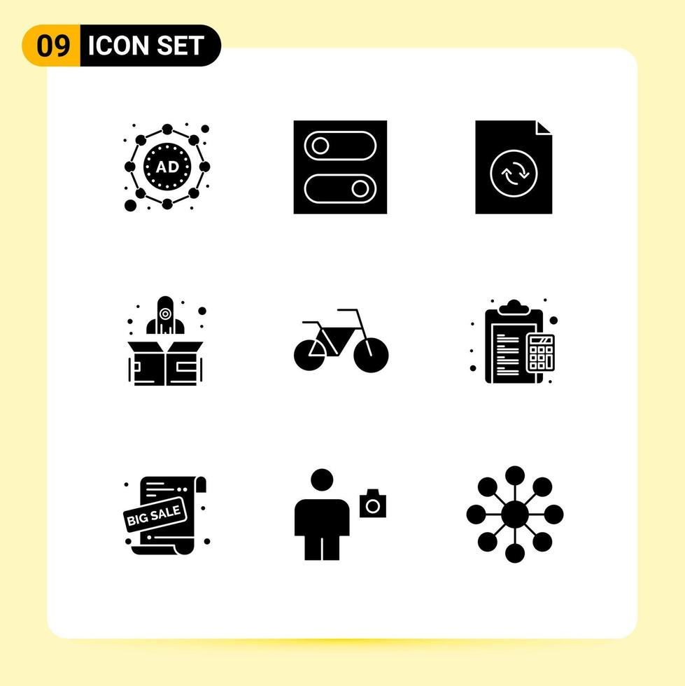 Set of 9 Commercial Solid Glyphs pack for duties calculator sync calculate bicycle Editable Vector Design Elements