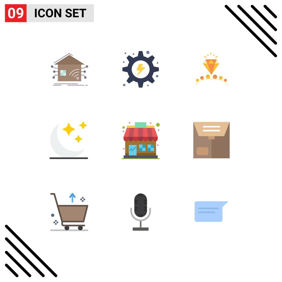 Editable Vector Line Pack of 9 Simple Flat Colors of market moon hydropower crescent heart Editable Vector Design Elements