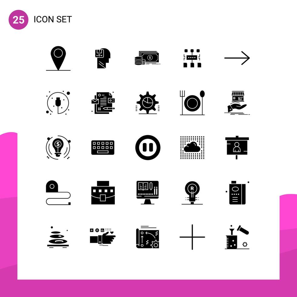 User Interface Pack of 25 Basic Solid Glyphs of arrow user male program money Editable Vector Design Elements