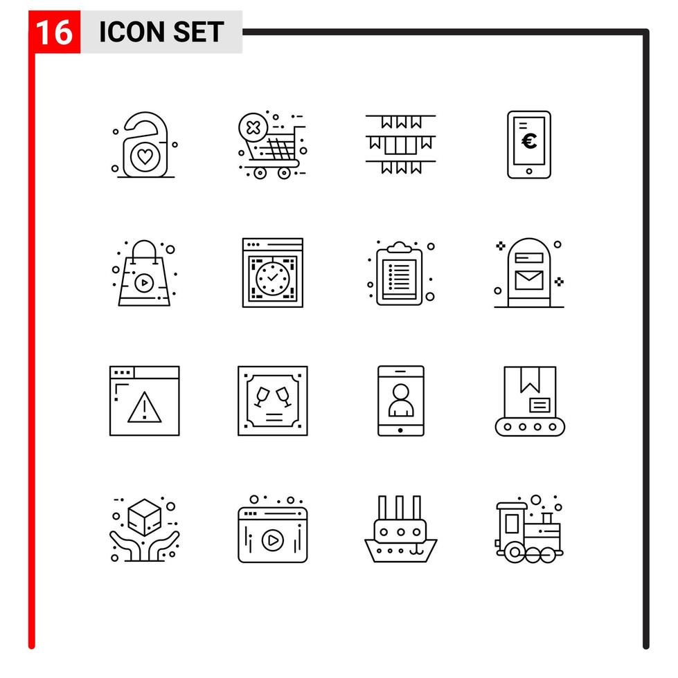 16 Universal Outlines Set for Web and Mobile Applications shopping shopping flag euro mobile Editable Vector Design Elements