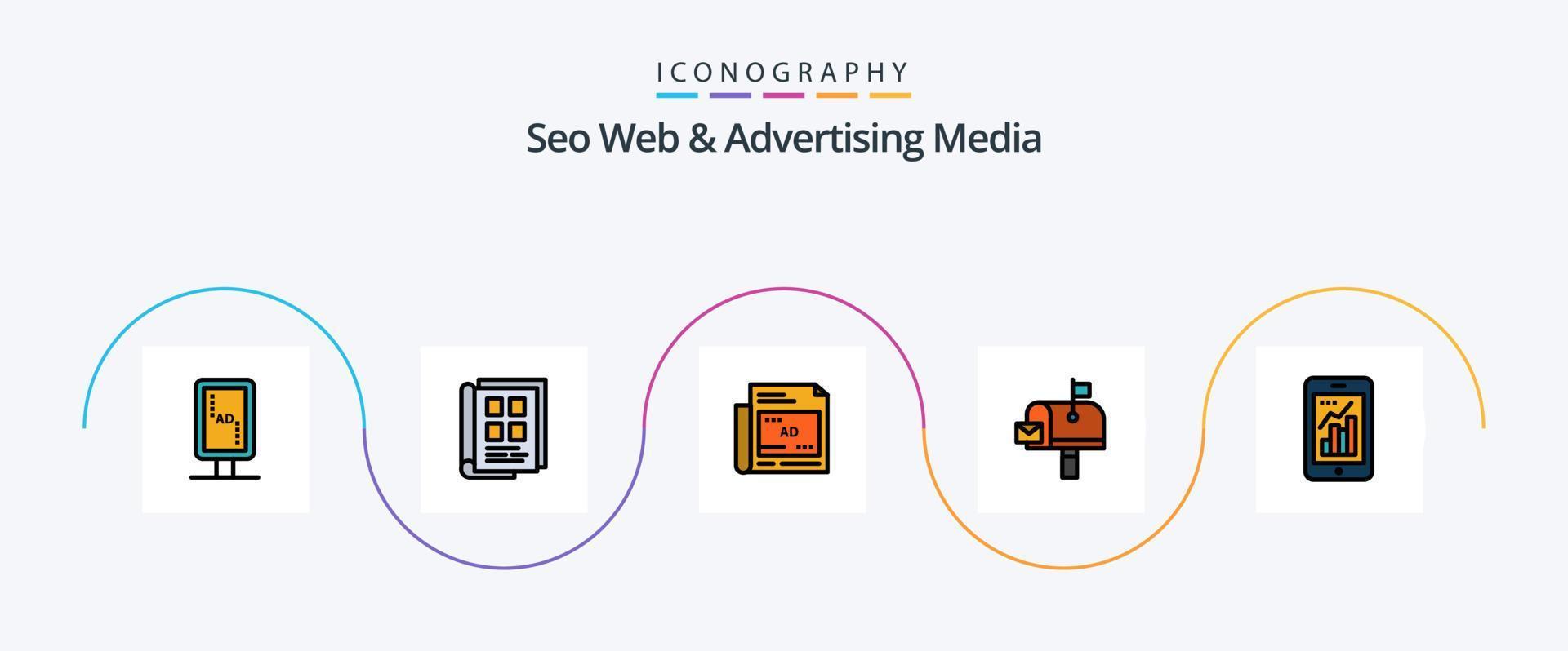 seo web y la línea de medios publicitarios llenaron el paquete de iconos planos 5 que incluye el gráfico. casilla de correo directorio telefónico. correo. titular vector