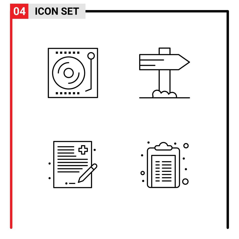 conjunto moderno de 4 colores planos de línea rellena pictograma de dispositivos archivo giradiscos mapa historia elementos de diseño vectorial editables vector