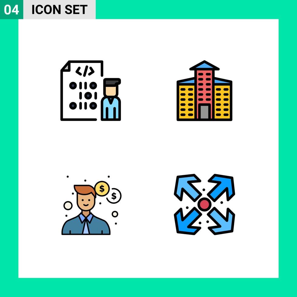 Mobile Interface Filledline Flat Color Set of 4 Pictograms of coding man programmer city money Editable Vector Design Elements