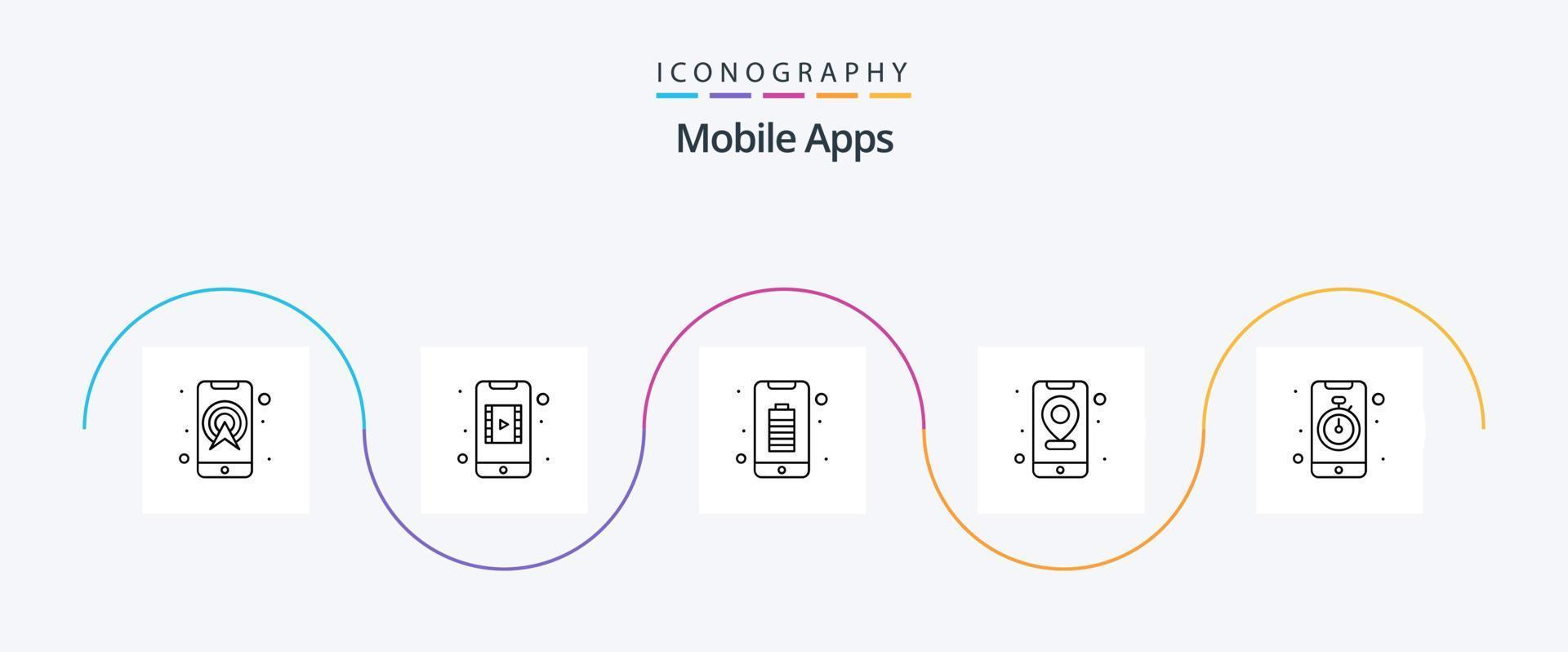 paquete de iconos de la línea 5 de aplicaciones móviles que incluye mapa. ubicación. aplicación GPS. teléfono inteligente vector