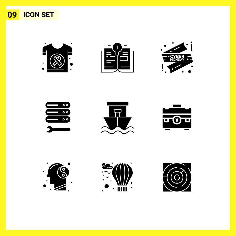 9 User Interface Solid Glyph Pack of modern Signs and Symbols of beach web ribbon wrench server Editable Vector Design Elements