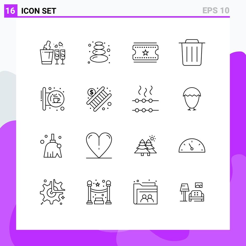 Universal Icon Symbols Group of 16 Modern Outlines of signal hanging signpost film tickets coffee trash Editable Vector Design Elements