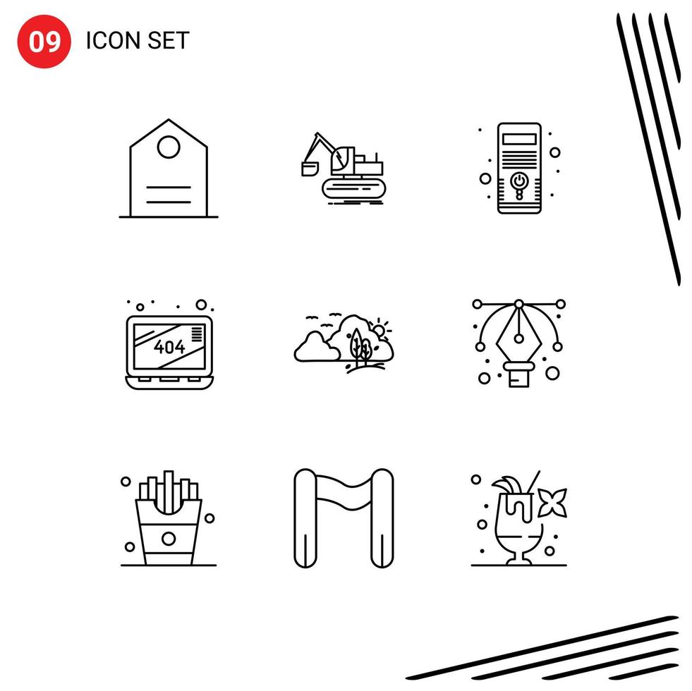 Mobile Interface Outline Set of 9 Pictograms of nature landscape hardware mountain missing Editable Vector Design Elements