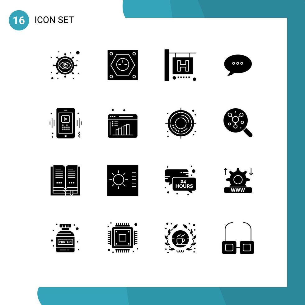 Set of 16 Vector Solid Glyphs on Grid for video phone socket comment bubble Editable Vector Design Elements