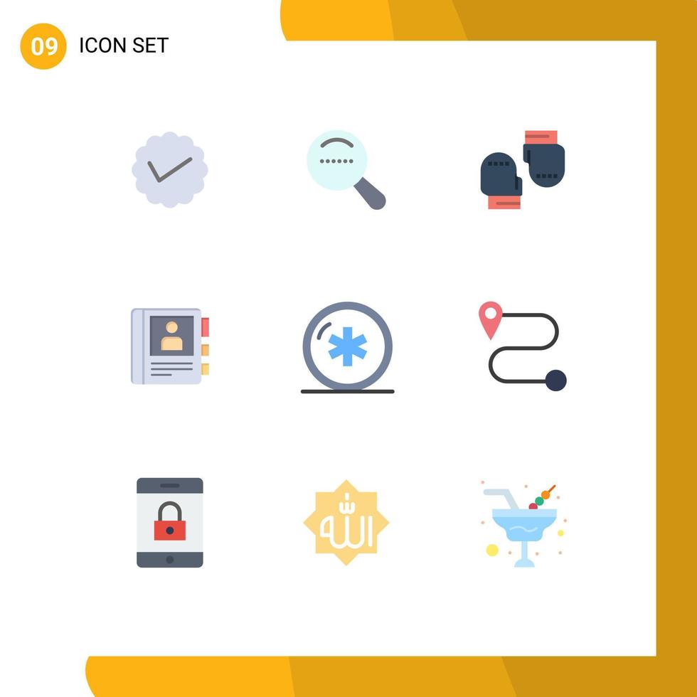 Pack of 9 Modern Flat Colors Signs and Symbols for Web Print Media such as health info boxing diary phone Editable Vector Design Elements