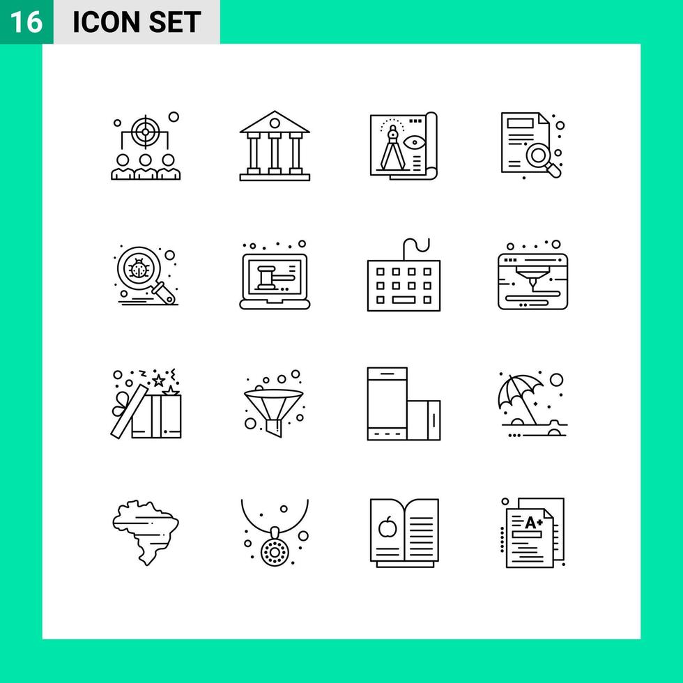 16 User Interface Outline Pack of modern Signs and Symbols of search magnifier school find paper Editable Vector Design Elements