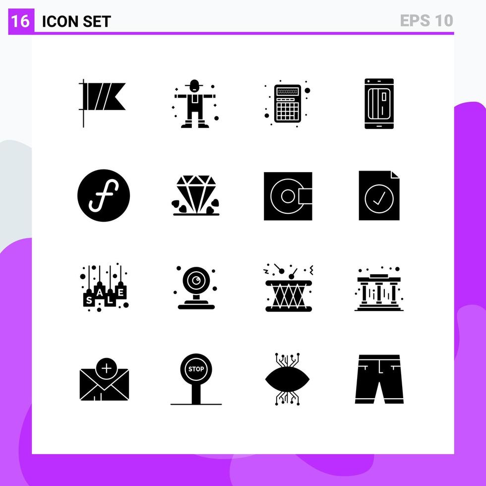 16 Universal Solid Glyph Signs Symbols of guilder credit apps cashless banking Editable Vector Design Elements