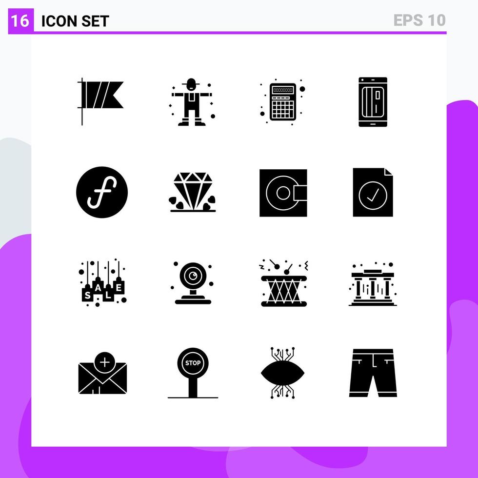 16 signos de glifos sólidos universales símbolos de aplicaciones de crédito de florín elementos de diseño de vectores editables de banca sin efectivo