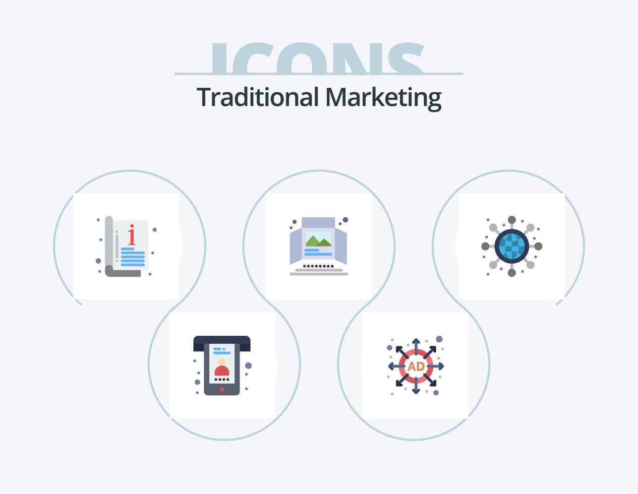 Traditional Marketing Flat Icon Pack 5 Icon Design. networking. tabletop display. catalogue. print ad. advertisement vector