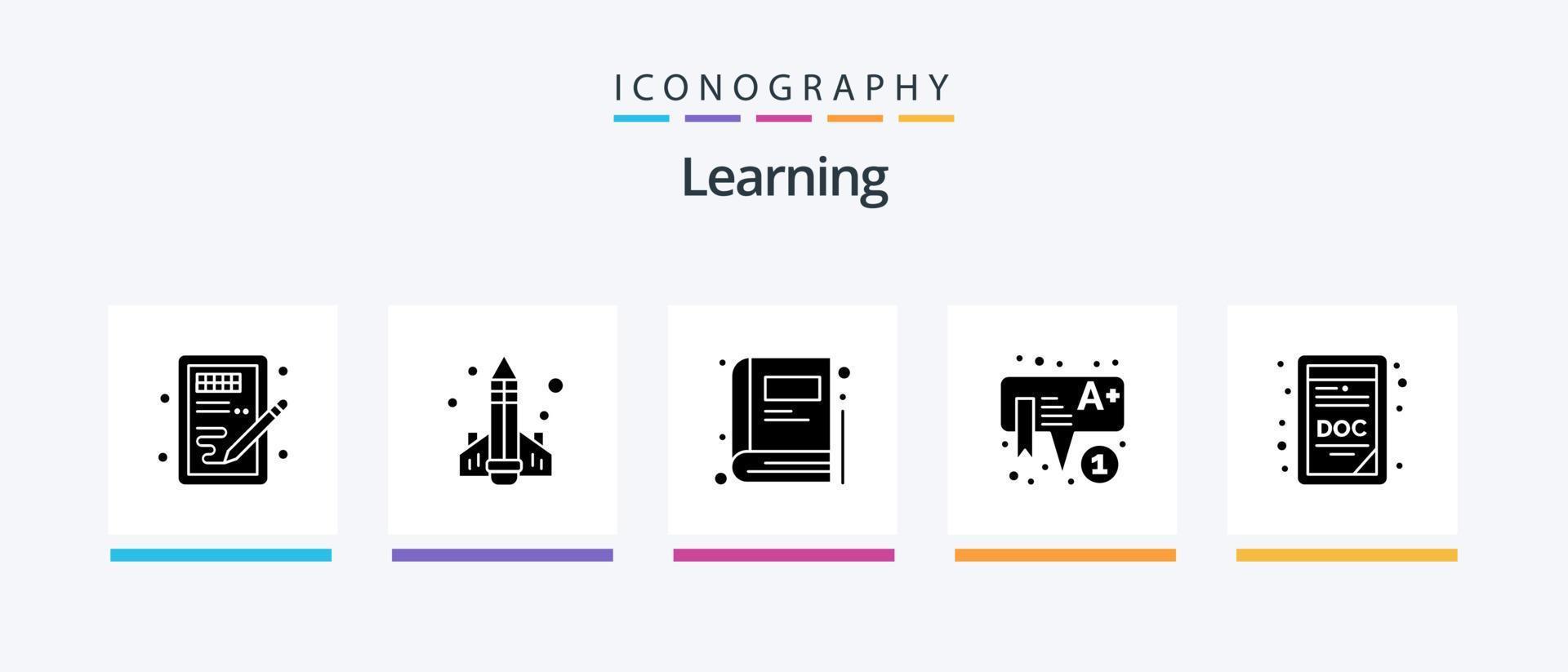 Learning Glyph 5 Icon Pack Including doc. learning. learning. kids. education. Creative Icons Design vector