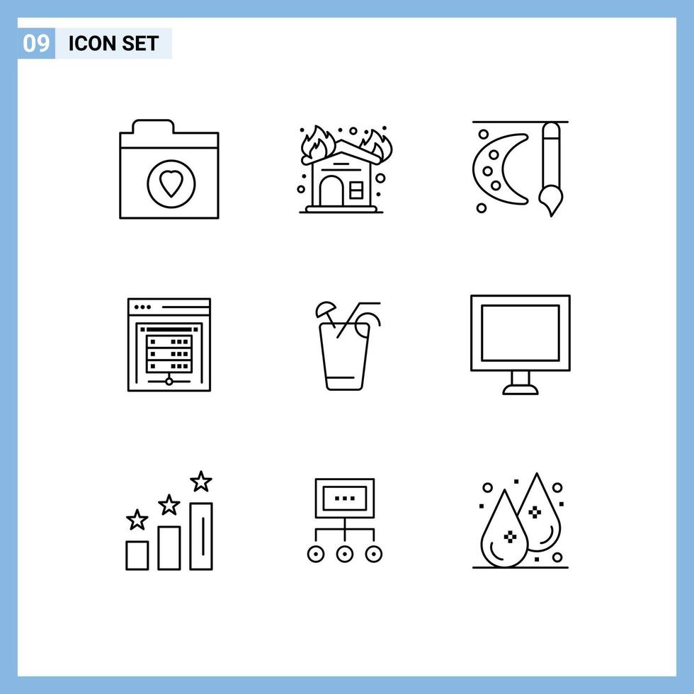 Mobile Interface Outline Set of 9 Pictograms of drink data storage paint pallet data server computer server Editable Vector Design Elements